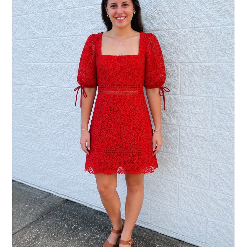 ASOS Red Lace Mini Dress NWT Embroidered Eyelet Puff Sleeve Square Neck Sz 4